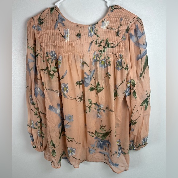 Joie Peach Floral Smocked Cottagecore Blouse size small v-neck 100% Silk Boho - Picture 3 of 6
